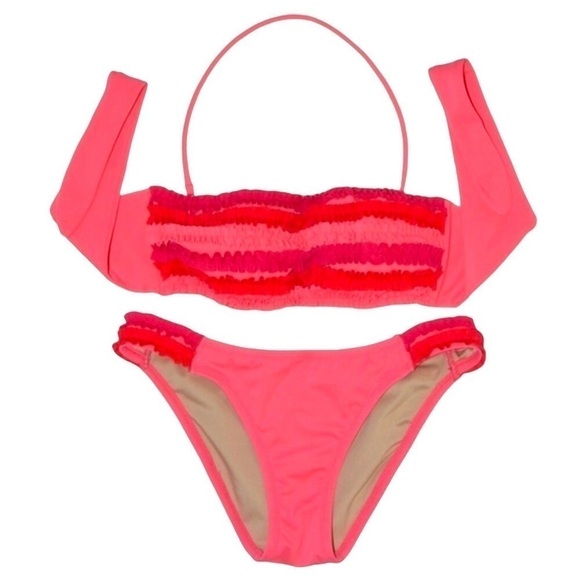 Victoria’s Secret Pink & Red Ruffle Bandeau Bikini XS Bottom‎ Medium Top Barbie - Picture 1 of 8